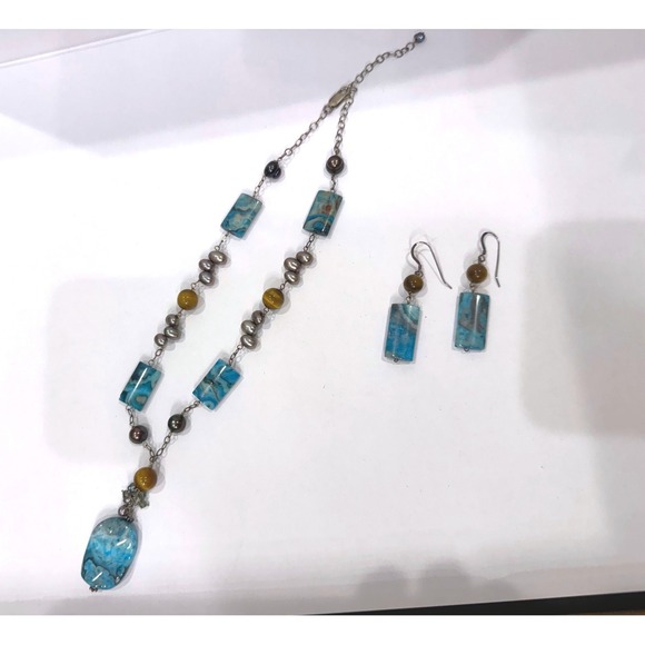 Unbranded Jewelry - Boho Blue Agate Stone Necklace & Earrings Set Tiger Eye Pearl Beaded Statement